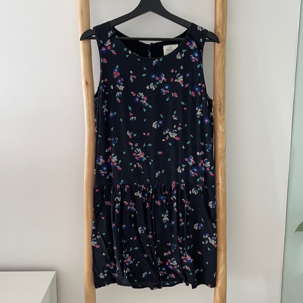 Sezane Navy Floral Sleeveless Drop-Waist Dress